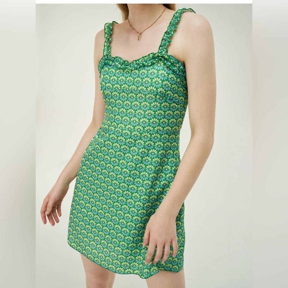 Zara Ruffled Green 70s Mini Dress Xs